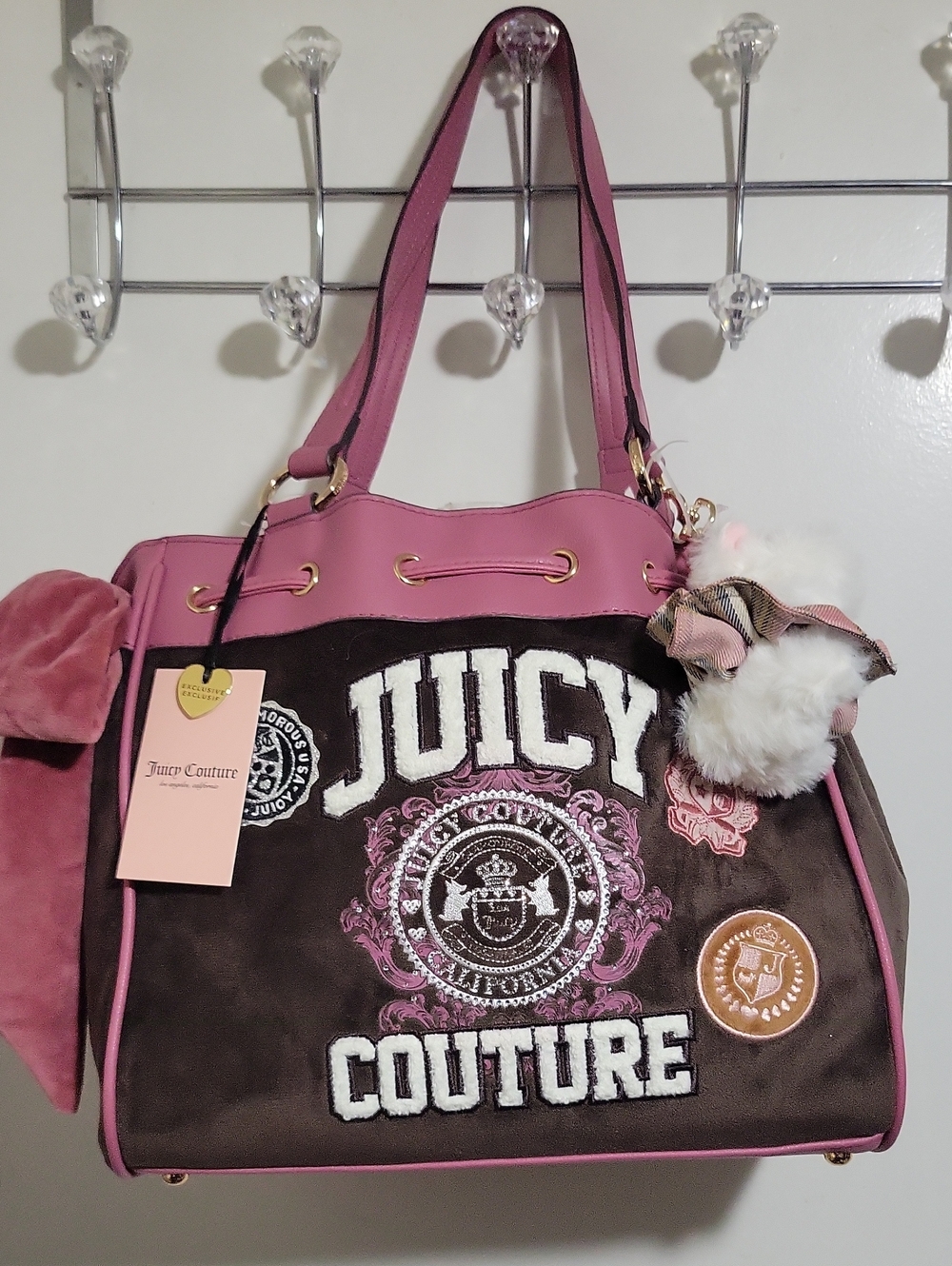 Juicy Couture Pink and Brown Embroidered Logo Shoulder Bag with Pom Charm
